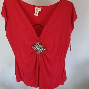 NWT Red V Neck Blouse Medallion by L8TER 2X 3X